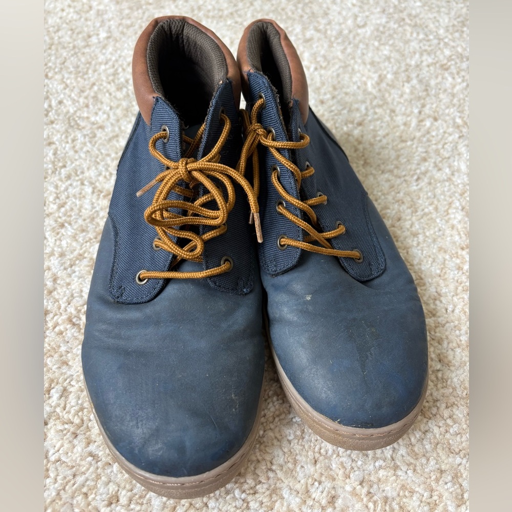 Place Kids Navy Boots with Brown Collar and Tan Laces